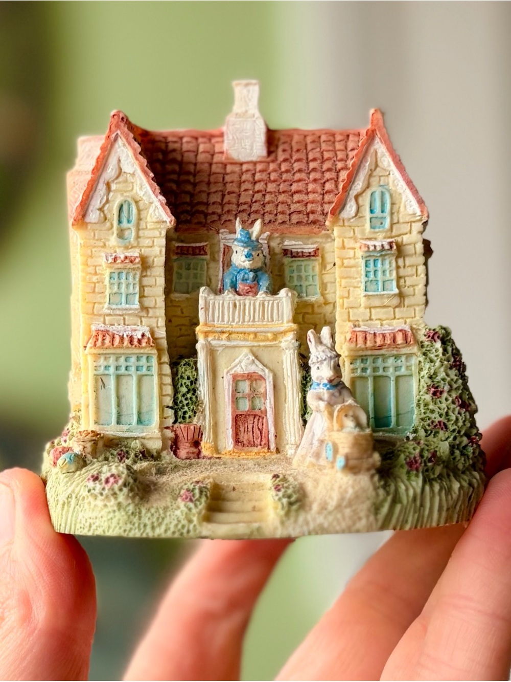 Miniature Bunny Mansion Yellow Cottage Figurine - Vintage Home Art Decor